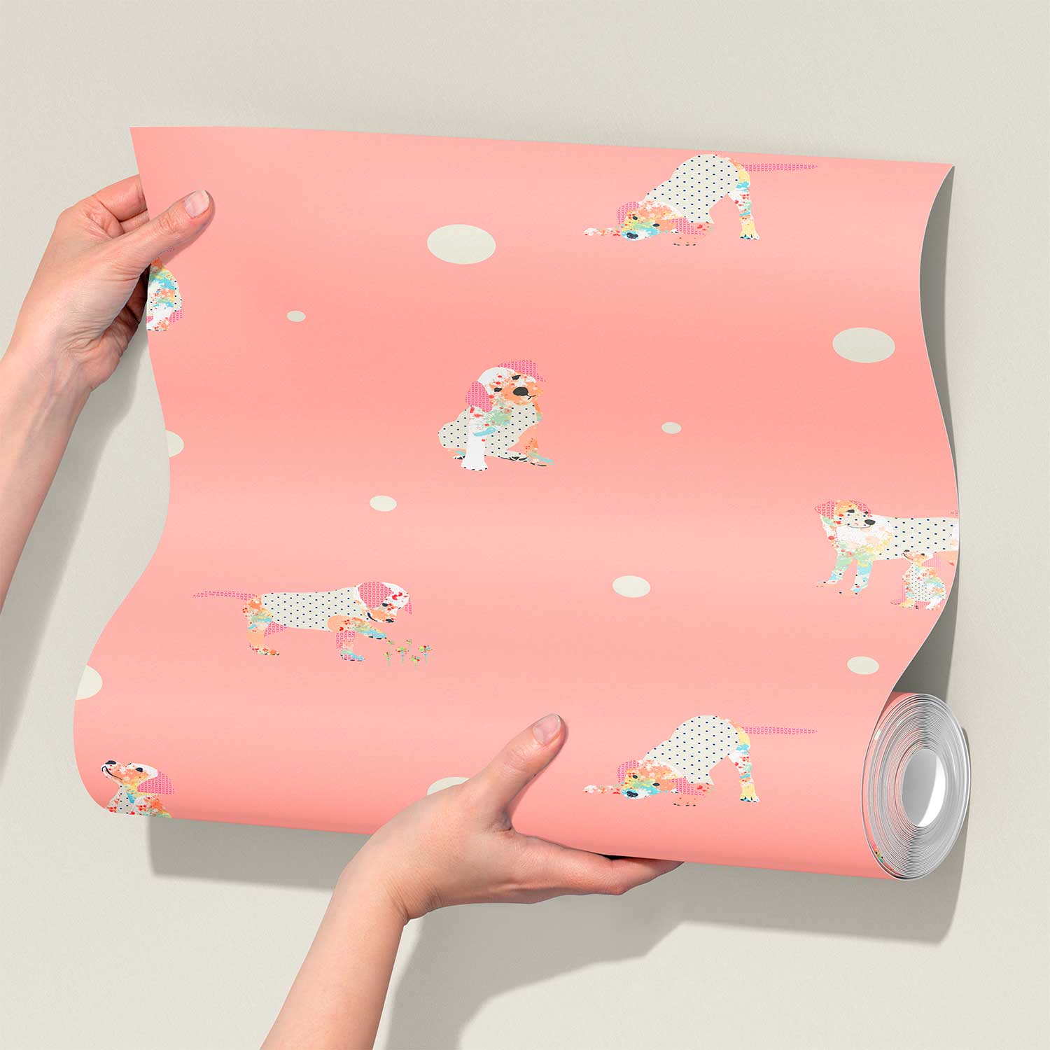 Pink puppy wallpaper roll for nursery and girls room