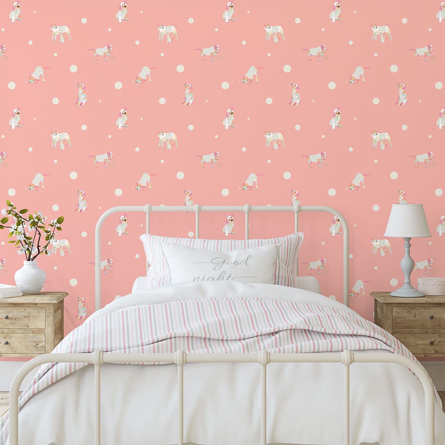 Cute puppy wallpaper decorating a modern girls bedroom