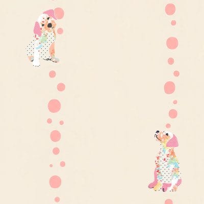 Cute puppy dog wallpaper with pink polka-dot stripes on a beige background for baby nursery, toddler bedroom and kids playroom walls