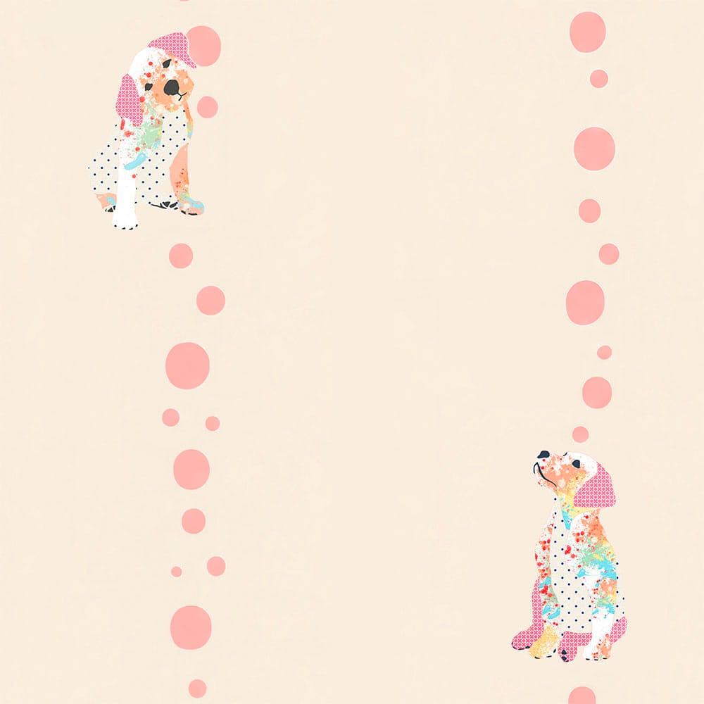 Cute puppy dog wallpaper with pink polka-dot stripes on a beige background for baby nursery, toddler bedroom and kids playroom walls