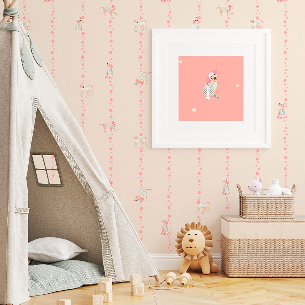 cute pink puppy dog striped walllpaper