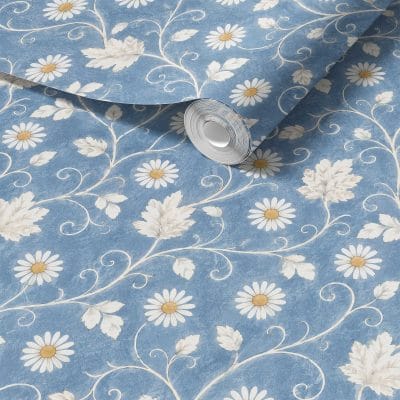 Daisy blue floral wallpaper sample showing white flowers, yellow centres and ivory vines.