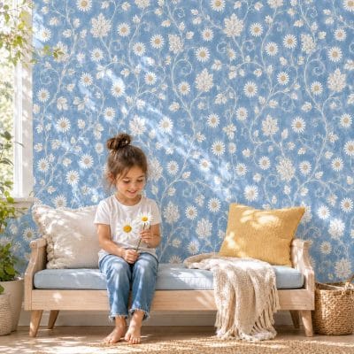 Daisy blue floral wallpaper in a bright children’s playroom with white, blue and yellow décor.