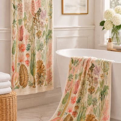 Botanical bathroom towel with a vintage ocean pattern of seaweed and algae illustrations.