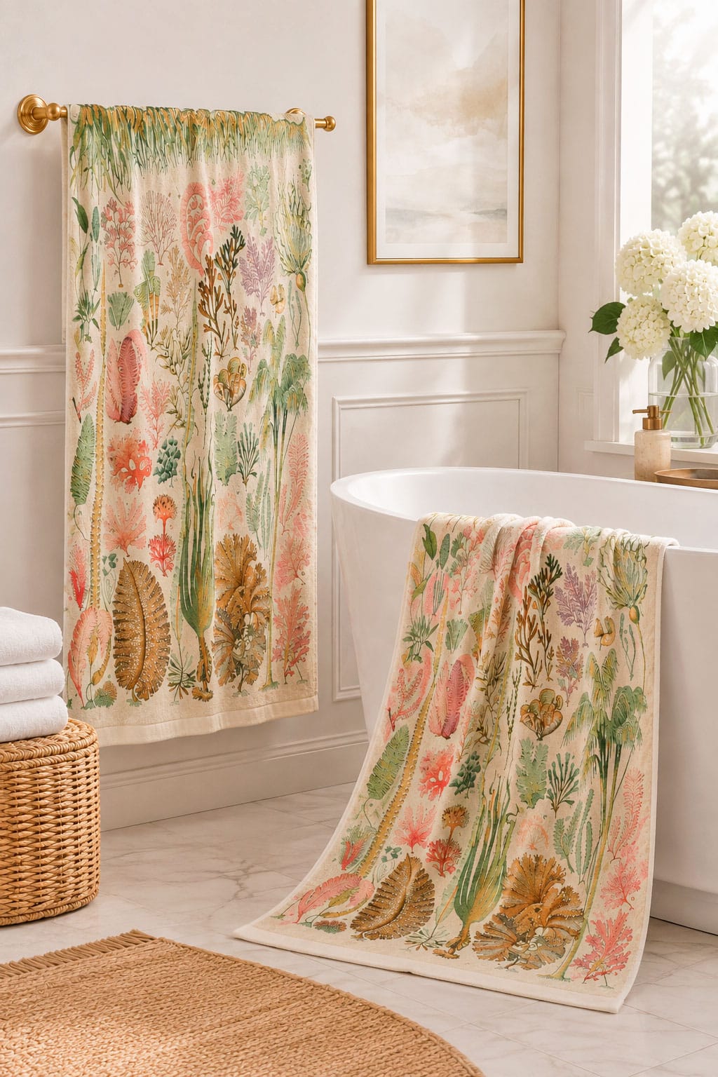 Botanical bathroom towel with a vintage ocean pattern of seaweed and algae illustrations.