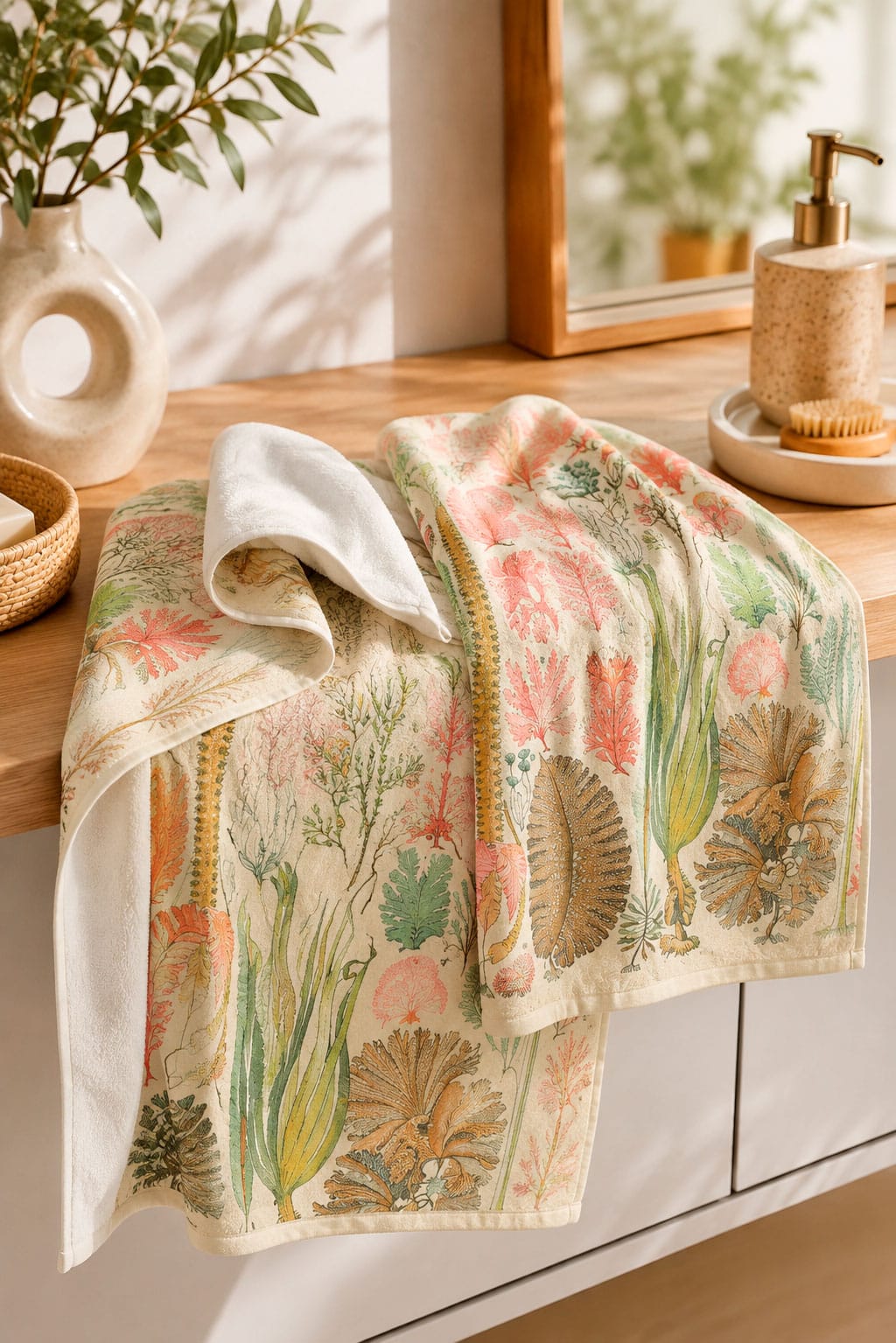 Vintage botanical towel featuring decorative sea plant illustrations in an ocean-inspired design.