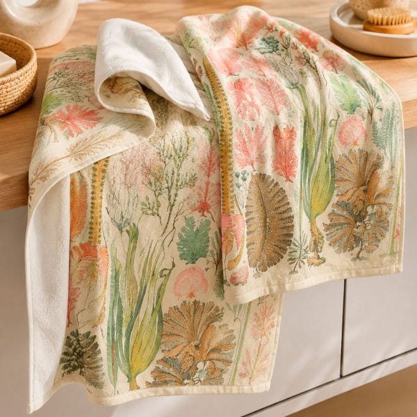 ean-inspired botanical towel with a vintage seaweed and algae print.